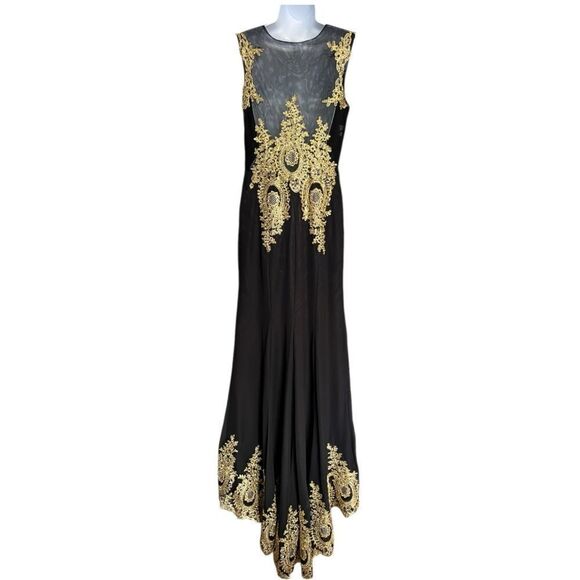 Black And Gold Mesh Embroidered Full Train Gown Evening Dress Size M - Picture 6 of 10